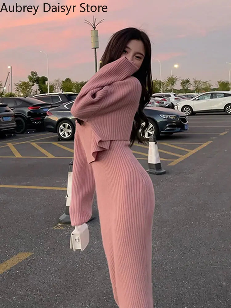 Yipinpay Sweet Knitted Dress Women Winter Korean Vintage Chic High Collar Sweater Dress Casual Slim 2 Piece Sets Womens Outfits Embroidered Appliqued Beaded