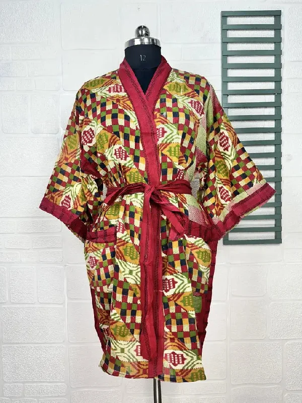 Recycled Pure Cotton Vintage Kimono Open Jacket Boho Summer TieDye House Robe, Beach Coverup | Beige Red Geometric Style Print Rayon Jacket Velvet Jacket Corduroy Jacket