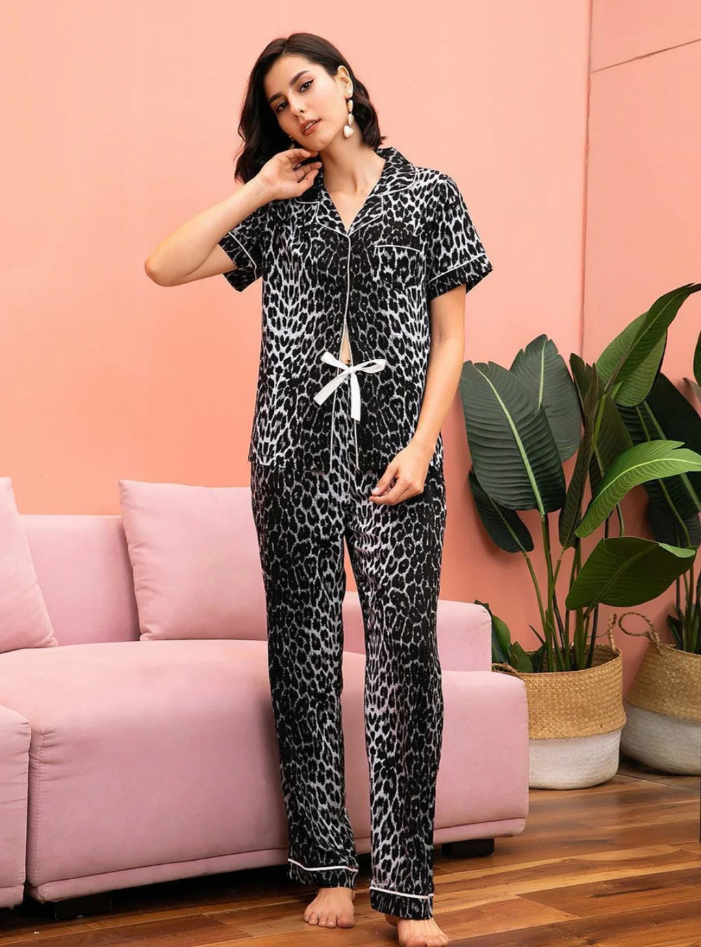 FASHION LEOPARD SHORT SLEEVE TROUSERS PAJAMAS Trousers practical durable