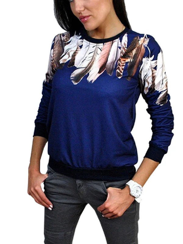 Feather Print Three Quarter Crewneck Pullover Jumper Outwear Blouse Top Tracksuit Blue White Black 3 Color One Shoulder Top