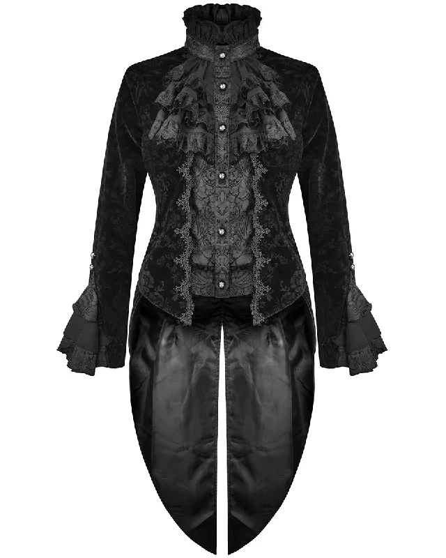 Devil Fashion Athanasius Womens Gothic Tailcoat Jacket - Black Damask Herringbone Jacket Checkered Jacket Solid Jacket