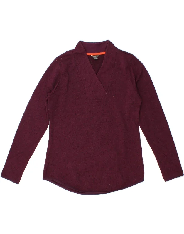 EDDIE BAUER Womens V-Neck Jumper Sweater UK 14 Medium Burgundy Polyester Soft Cozy Warm