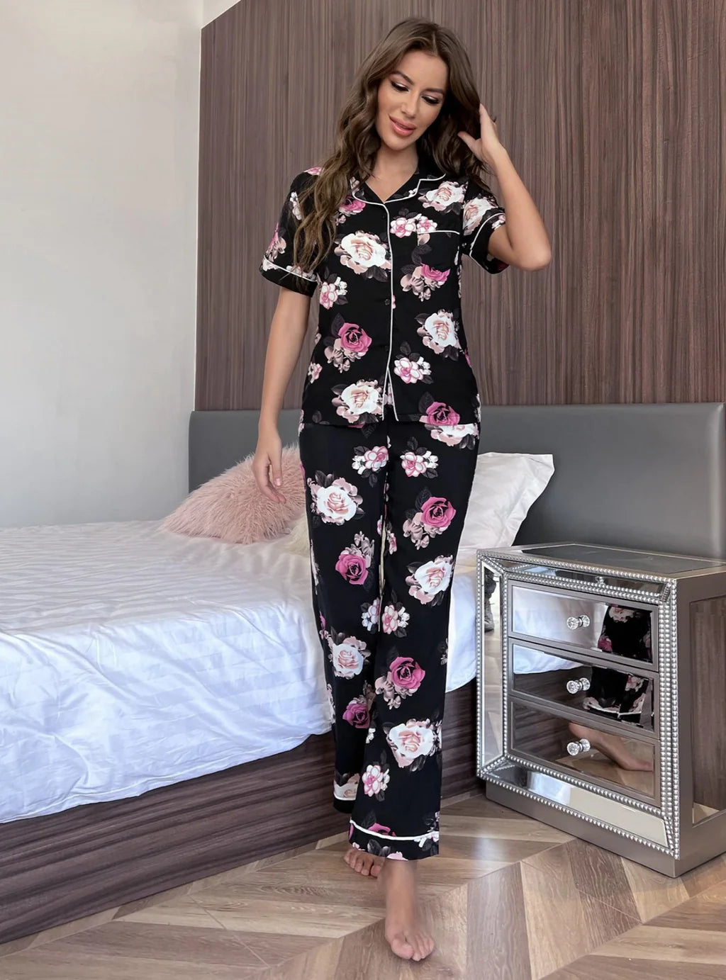 FASHION SHORT-SLEEVED TROUSERS FLORAL PATTERN PAJAMAS SET Skinny Trousers Denim Stretchy