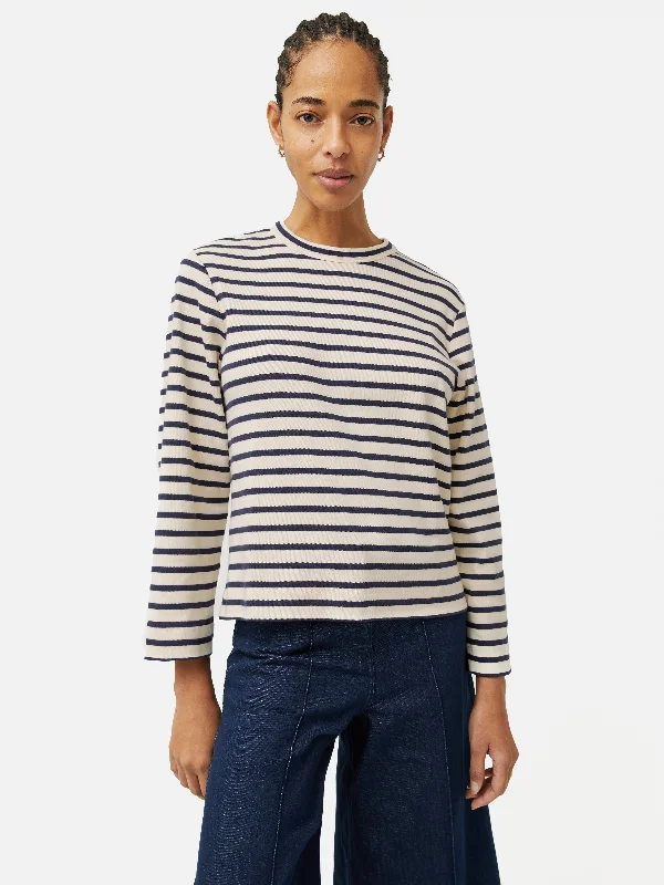 Cotton Stripe Sweatshirt | Navy Hoodie with Longline Fit Extended Stylish