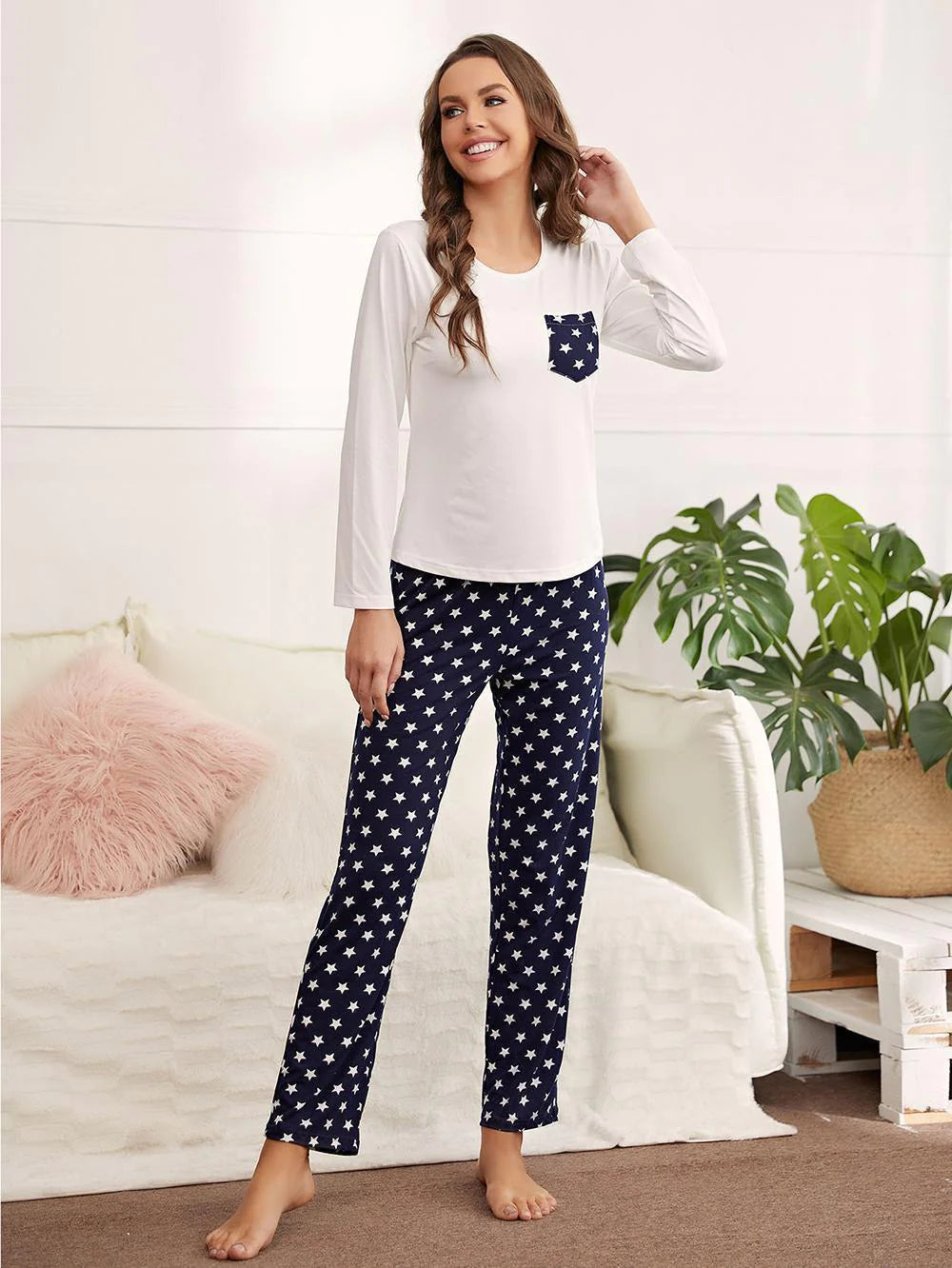 FASHION LONG-SLEEVED TOP POLKA-DOT TROUSERS PAJAMAS SUIT Trousers Cargo Utility