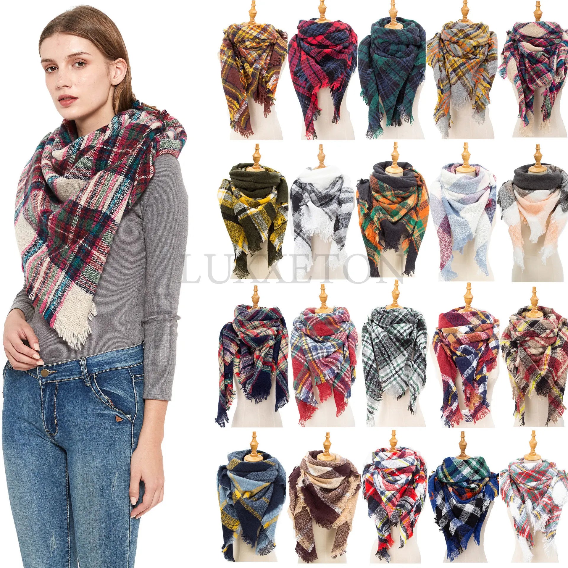 Women Cashmere Winter Scarf Knit Pashmina Bandana Plaid Female Warm bib Triangle Scarves Ladies Blanket Shawls Clothes Accessory Soft Wool Shawl Wrap
