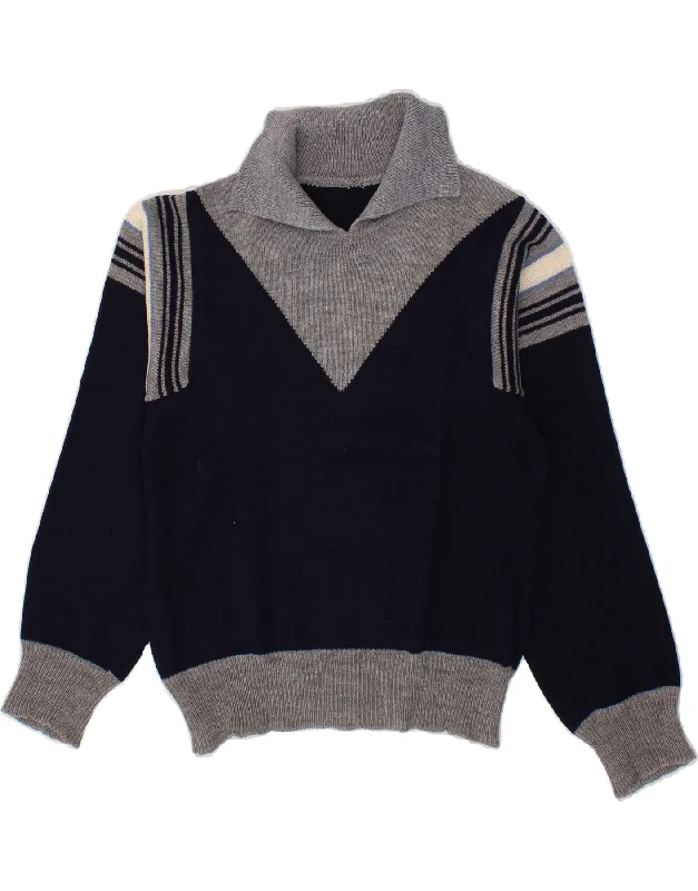 VINTAGE Womens Polo Neck Jumper Sweater UK 12 Medium Navy Blue Colourblock Spandex Blend Rayon Blend Denim Blend VINTAGE Womens Polo Neck Jumper Sweater UK 12 Medium Navy Blue Colourblock Spandex Blend Rayon Blend Denim Blend