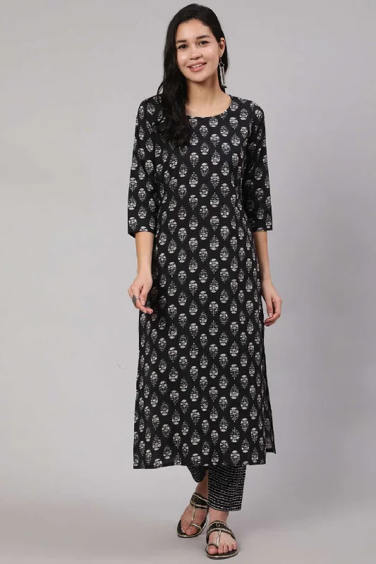 Black Cotton Ethnic Printed Straight Kurta With Trouser Trousers Cargo Utility