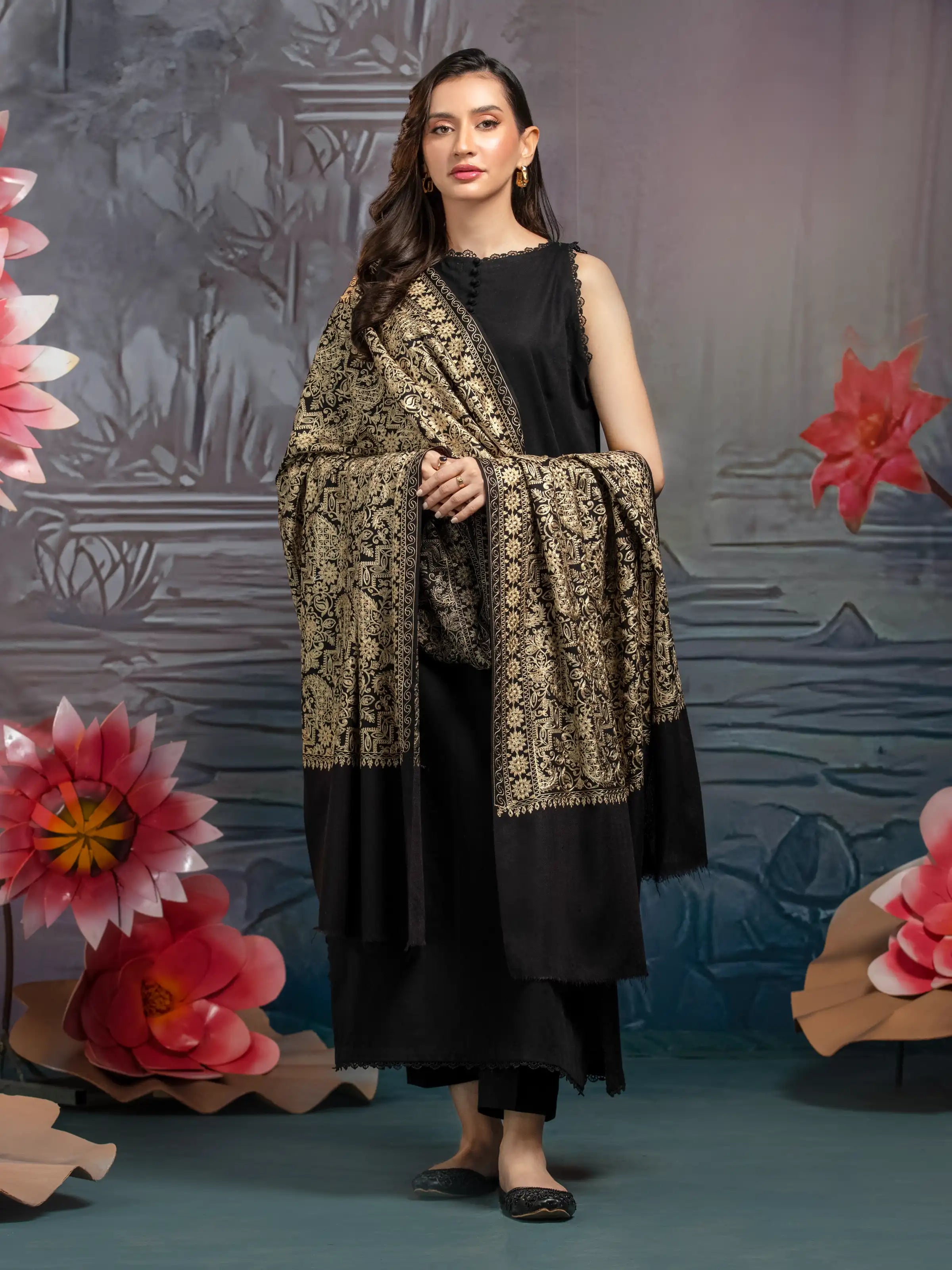 Embroidered Pashmina Jacquard Zari Shawl - EWMSE5-003 Elegant Knit Shawl Cape