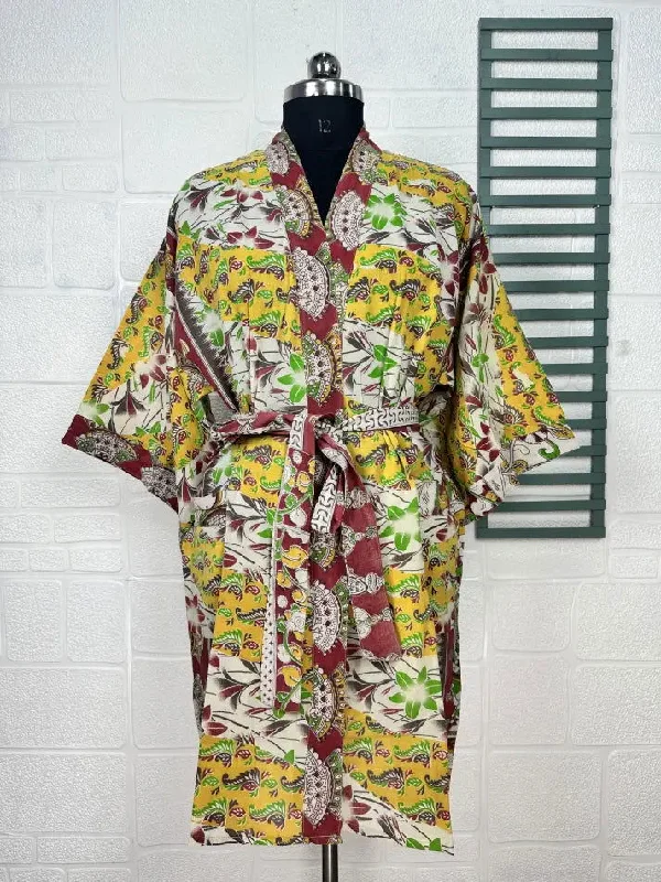 Recycled Pure Cotton Vintage Kimono Open Jacket Boho Summer TieDye House Robe, Beach Coverup | White Yellow Floral Style Print Snapped Jacket Toggled Jacket Drawstring Jacket