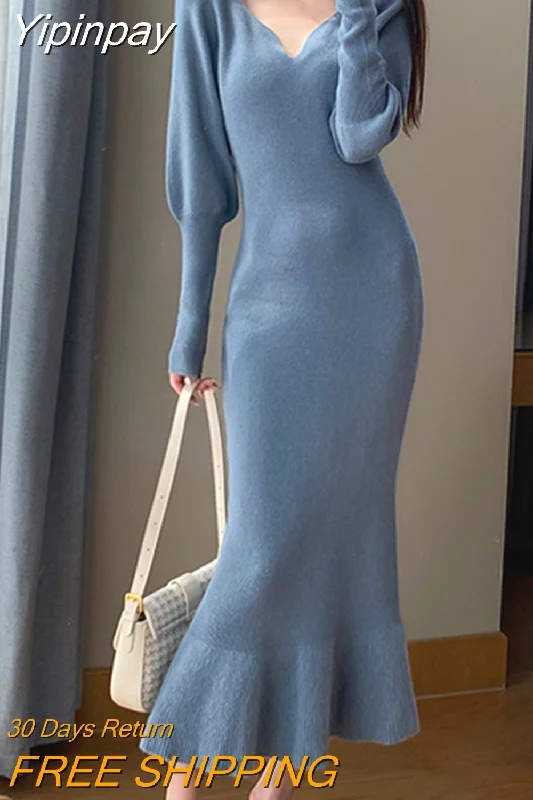 Yipinpay Elegant Mermaid Sweater Long Dress Women Vintage V-neck Knitted Warm Y2K Dress Korean Casual Chic Dress for New Year 2023 Cashmere Blend Cotton Blend Poly Blend