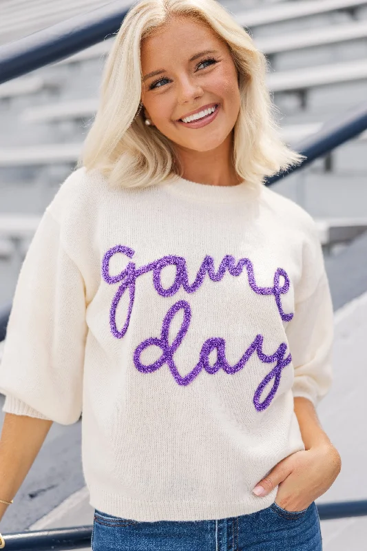 It's Game Day Ivory/Purple Puff Sleeve Sweater Stretchy Elastic Breathable