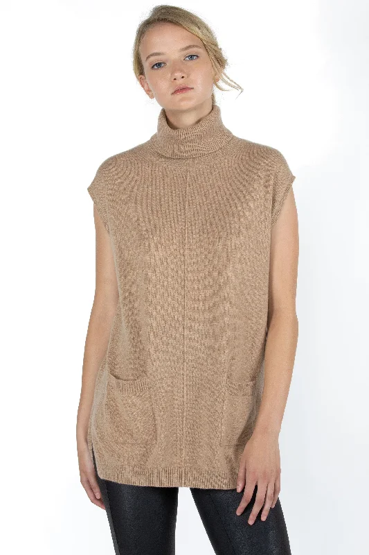 JENNIE LIU WOMEN'S 100% PURE CASHMERE SLEEVELESS TURTLENECK HI-LO TUNIC SWEATER Soft Cozy Warm