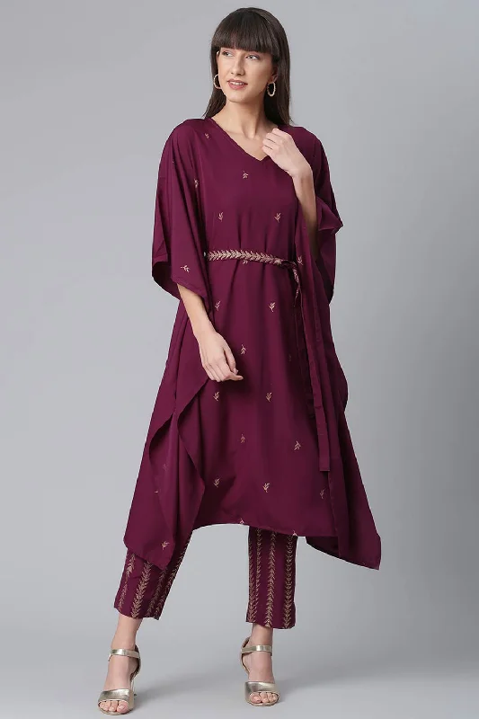 Women Crepe Wine Glitter Print Kaftan With Trouser High Waist Slim Fit Ankle Length