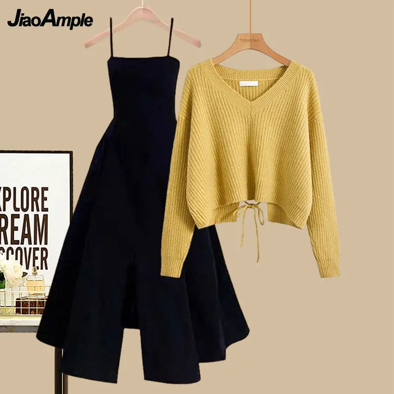 Yipinpay Women's Spring Autumn Suit Korean Elegant New Fashion V-Neck Knit Sweater Blouse+Sling Waist Dress Two Piece Female Skirt Set Stylish Fashionable Trendy
