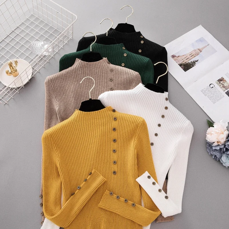 New Fashion Button Turtleneck Sweater Women Spring Autumn Solid Knitted Pullover Women Slim Soft Jumper Sweater Female Knit Tops Keyhole Neck Pullover