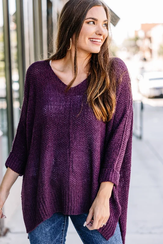 Don't Waste A Moment Eggplant Purple Oversized Sweater Mesh Fabric Canvas Fabric Denim Fabric