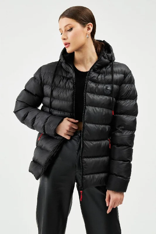 Women's Black Fleece Waterproof And Windproof Hooded Winter Down Jacket Satin Jacket Silk Jacket Chiffon Jacket