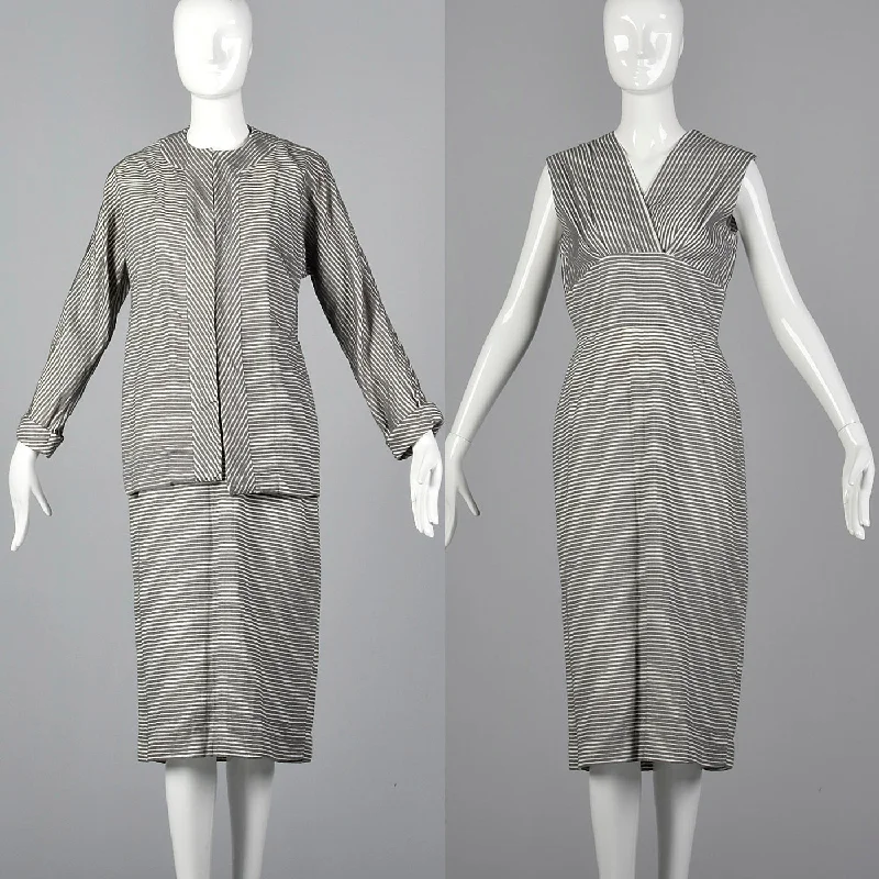 1960s Gray Textured Stripe Dress with Matching Jacket Hooded Jacket Caped Jacket Shawl Collar Jacket 1960s Gray Textured Stripe Dress with Matching Jacket Hooded Jacket Caped Jacket Shawl Collar Jacket