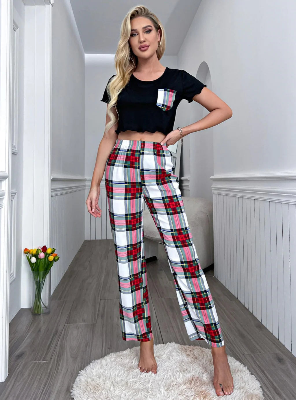 FASHION SUMMER SHORT SLEEVE PLAID TROUSERS S Trousers Travel Practical