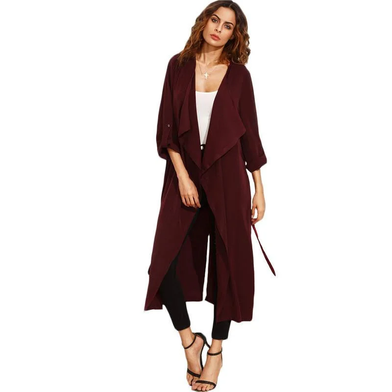 Womens Casual Outerwear Coats Ladies Burgundy Shawl Collar Rolled Up Long Sleeve Split Long Outerwear Warm Woolen Shawl Wrap