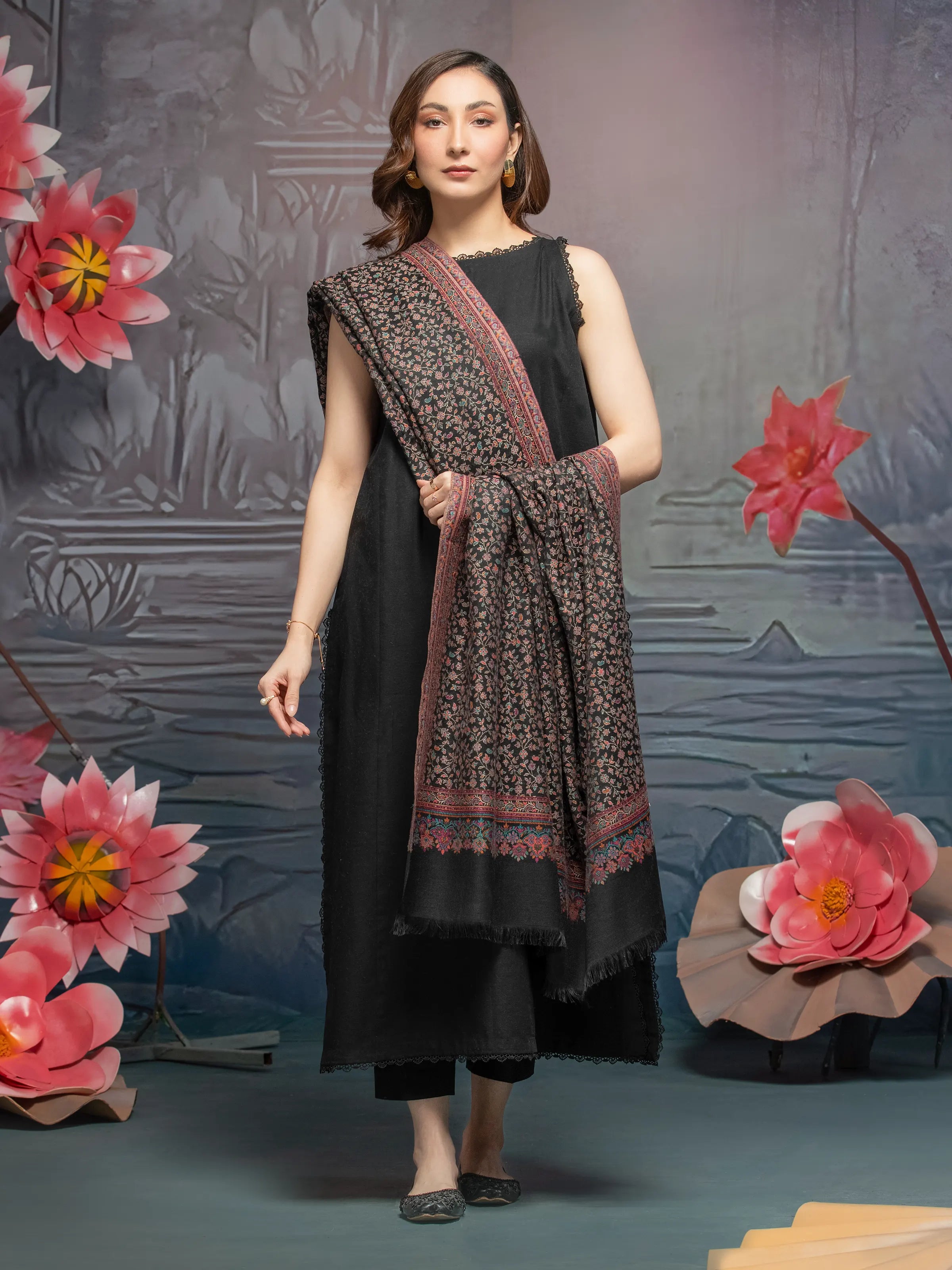 Pashmina Jacquard Zari Shawl - EWMS5-032 Stylish Fringed Shawl Cape