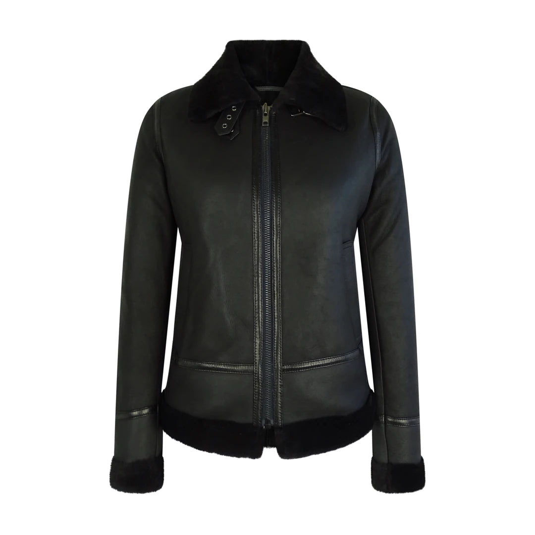 Women's Classic Black Sheepskin Zip Flying Jacket B3 Pilot Coat Chenille Jacket Brocade Jacket Lace Jacket