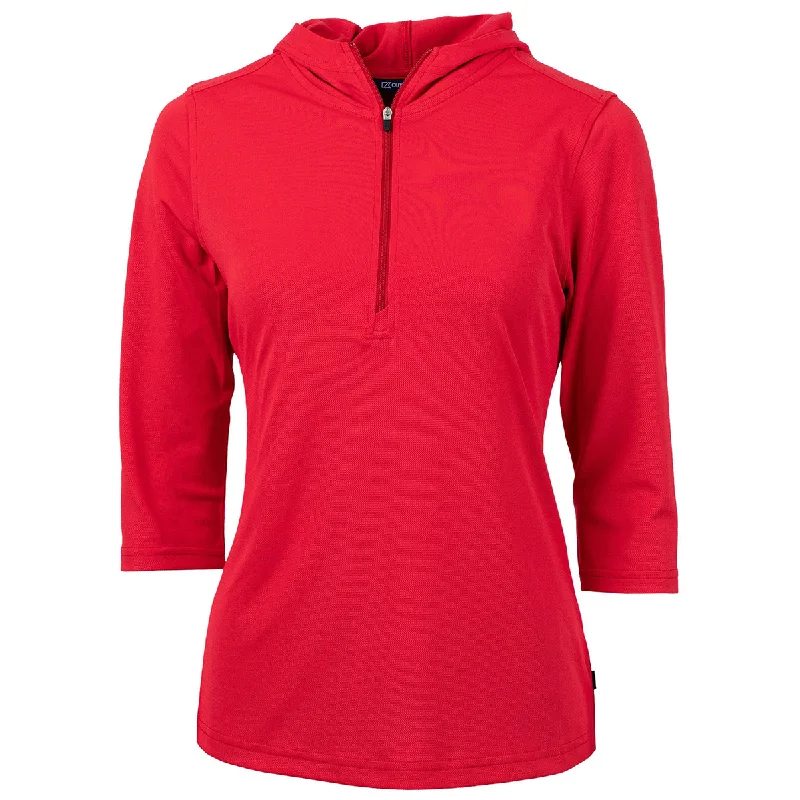 Cutter & Buck Women's Red Virtue Eco Pique Recycled Half Zip Pullover Hoodie One Shoulder Top Cutter & Buck Women's Red Virtue Eco Pique Recycled Half Zip Pullover Hoodie One Shoulder Top