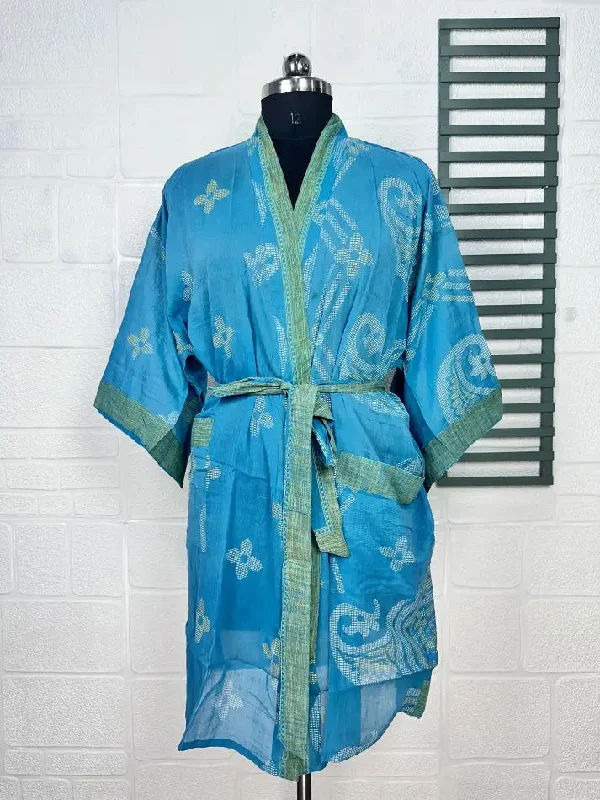 Recycled Pure Cotton Vintage Kimono Open Jacket Boho Summer TieDye House Robe, Beach Coverup | Blue Green Floral Style Print Notch Collar Peter Pan Collar Cowl Neck