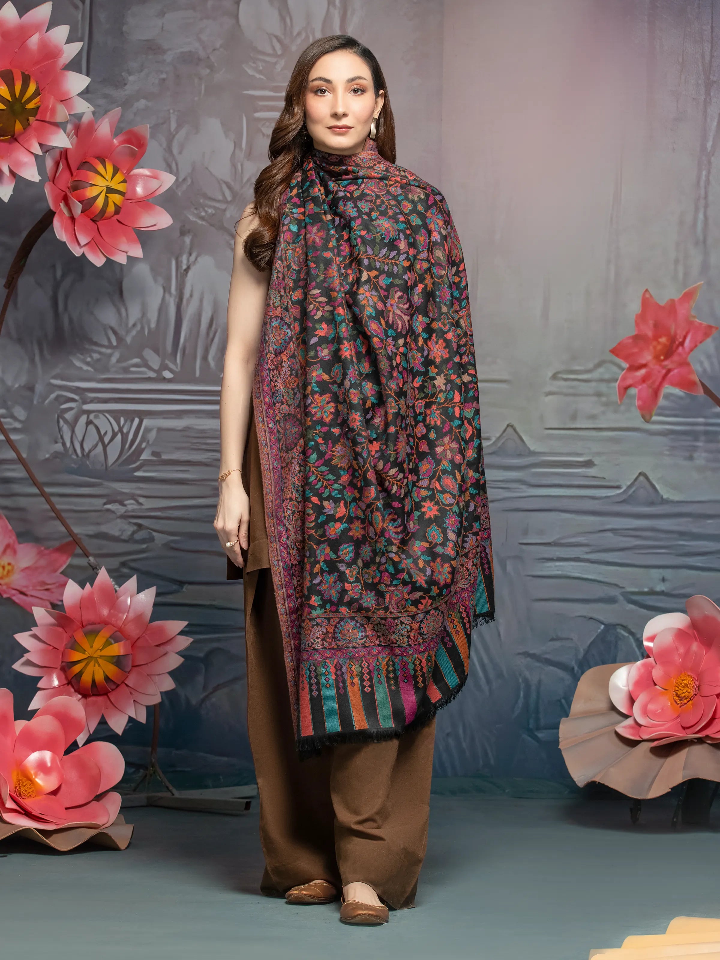 Pashmina Jacquard Zari Shawl - EWMS5-033 Classic Wool Shawl Wrap
