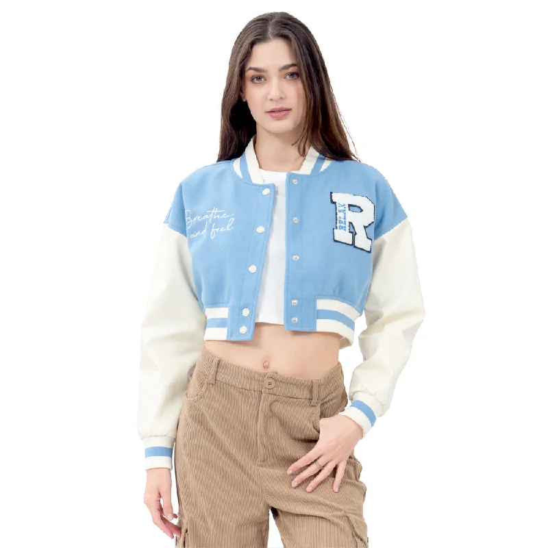 CHAMARRA PARA MUJER VARSITY CROP JACKET WOOL/PU FOREVER 21 Stand-Up Collar Roll-Neck Collar Turtle Neck