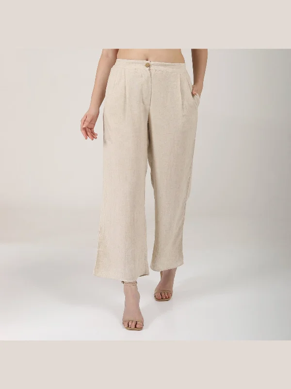 Linen Solid Pleated Front Trousers Beige Trousers Plaid Checkered