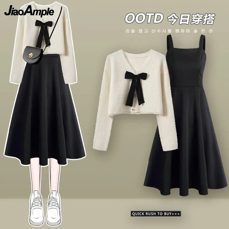 Yipinpay Women's Autumn Winter New In Matching Set Korean Elegant Knitted Sweater Coat Black Strap Dress Two Piece Female Clothing Suit Soft Cozy Warm