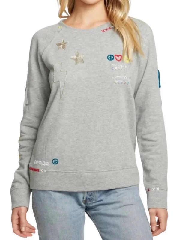 Peace Fleece Long Sleeve Pullover Top In Grey Short Sleeve Top