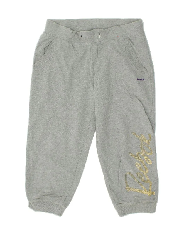 REEBOK Womens Graphic Capri Tracksuit Trousers Joggers UK 8/10 Small  Grey Cropped Trousers Casual Linen