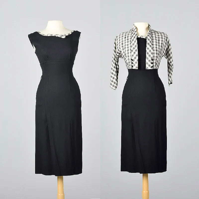 1950s Black Wiggle Dress with Gingham Trim and Jacket Fitted Jacket Loose Jacket Oversized Jacket 1950s Black Wiggle Dress with Gingham Trim and Jacket Fitted Jacket Loose Jacket Oversized Jacket