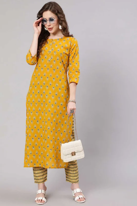 Mustard Cotton Printed Straight Kurta With Trouser Trousers versatile all-occasion