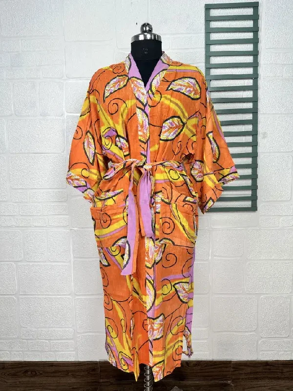 Recycled Pure Cotton Vintage Kimono Open Jacket Boho Summer TieDye House Robe, Beach Coverup | Orange Yellow Leaf Style Print Satin Fabric Silk Fabric Chiffon Fabric