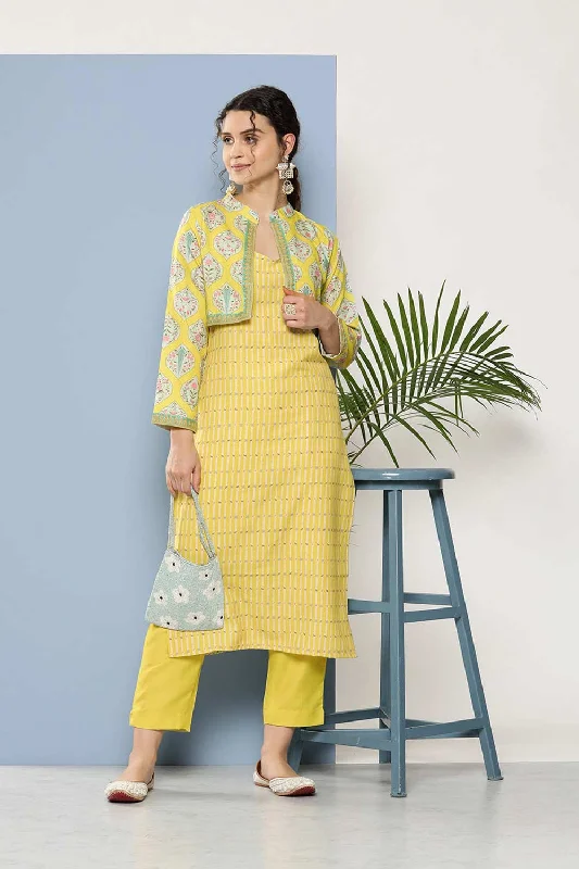 Yellow Cotton Blend Printed Kurta Trousers Set Trousers New Arrival