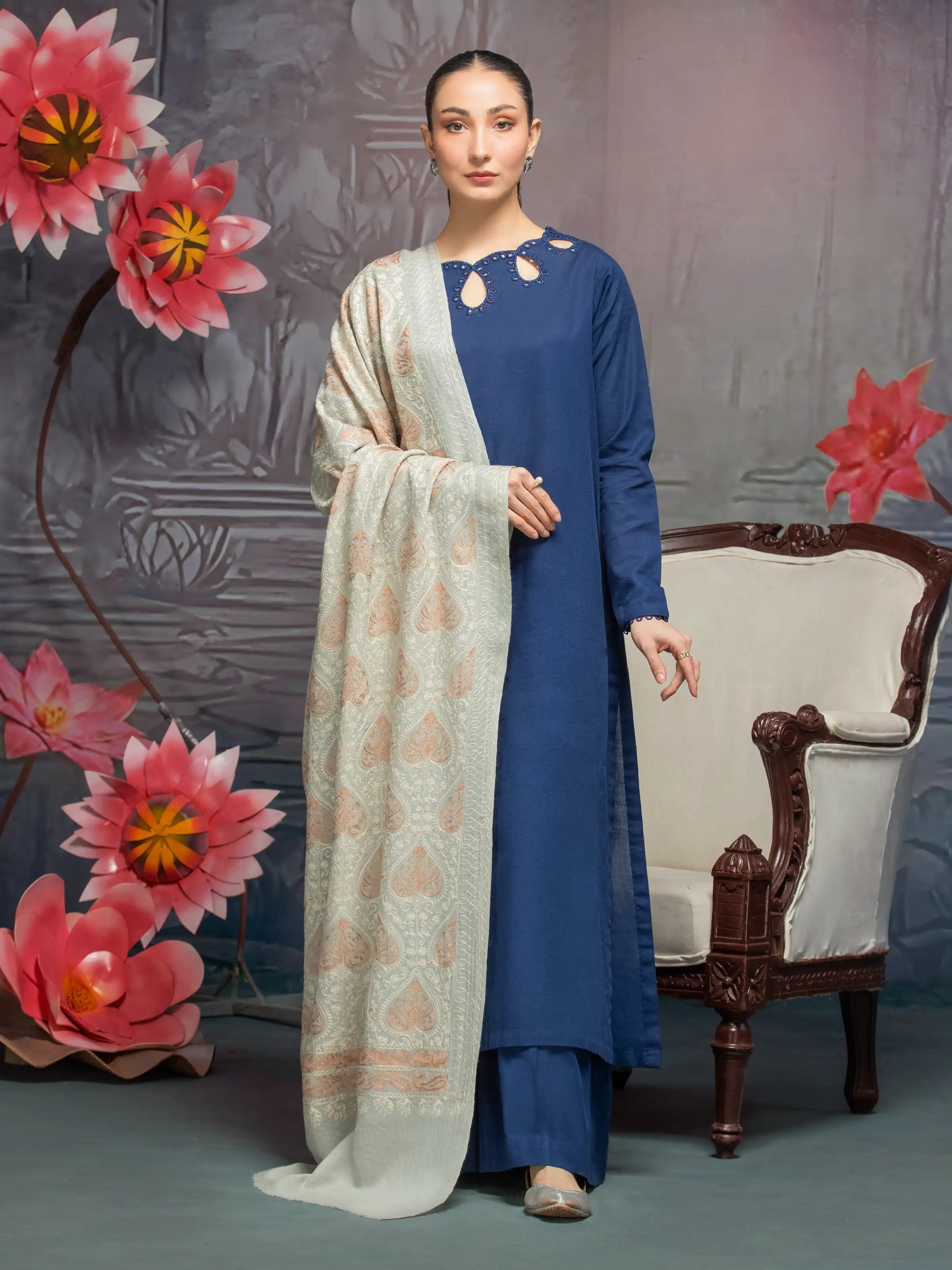 Embroidered Pashmina Jacquard Zari Shawl - EWMSE5-004 Stylish Long Shawl Wrap