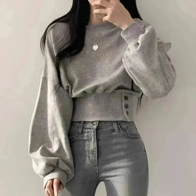 Autumn Crew Neck Button Long Sleeve Short Pullover Sweatshirt Top For Women Button Front Sweater