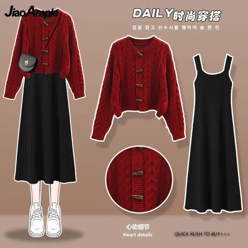Yipinpay Autumn Winter Korean Elegant New in Matching Set Women's Casual Knitted Sweater Jacket Strap Dress Two Piece Female Clothes Anti-Pilling Anti-Shrink Durable