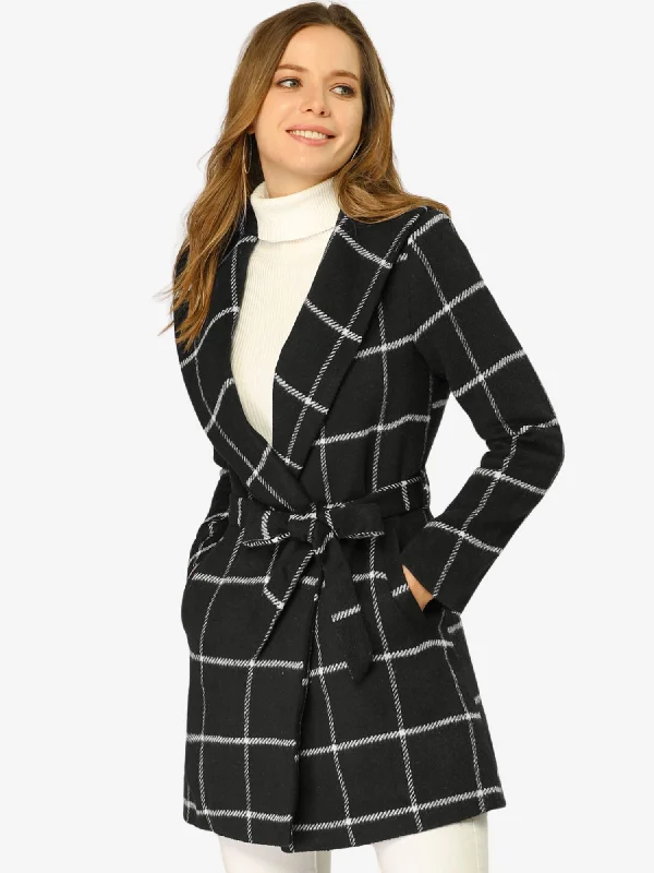 Shawl Collar Check Belted Wrap Plaid Coat with Pockets Stylish Long Shawl Wrap