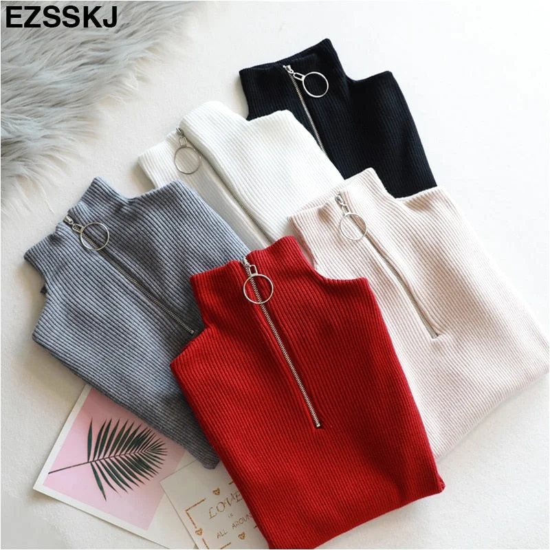 casual Zipper Sweater Women Turtleneck Solid spring autumn female Knitted sweater Pullovers long Sleeve chic Soft Jumper top Crew Neck Wool