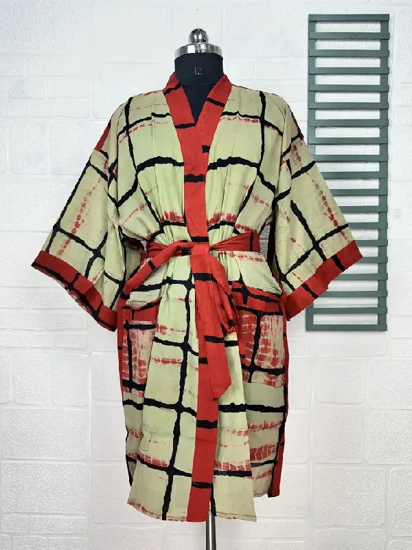 Recycled Pure Cotton Vintage Kimono Open Jacket Boho Summer TieDye House Robe, Beach Coverup | Green Red Geometric Style Print Ribbed Jacket Pleated Jacket Ruffled Jacket