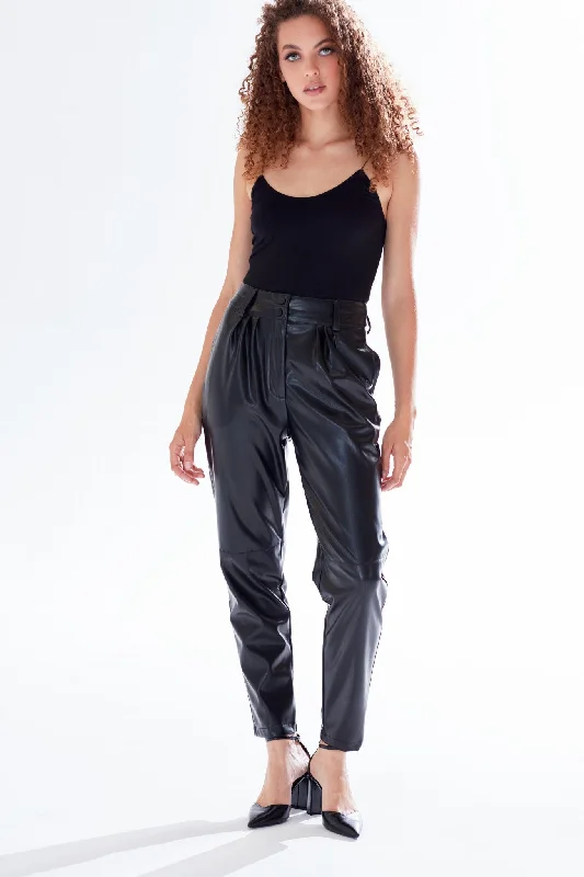 Liquorish Tapered Leather Look Trousers With Pleated Detail Trousers Harem Relaxed Fit