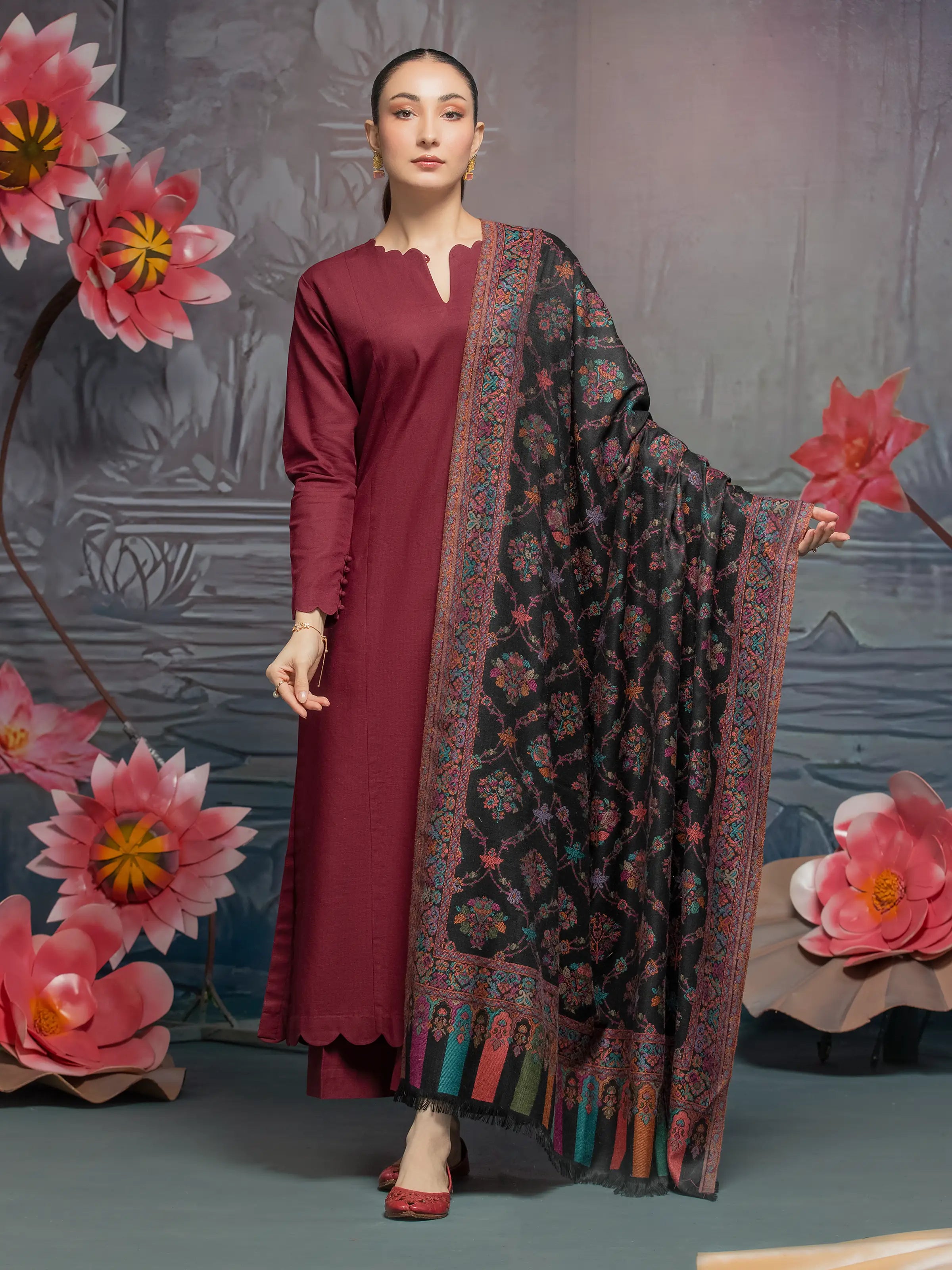 Pashmina Jacquard Zari Shawl - EWMS5-040 Stylish Chunky Wool Shawl