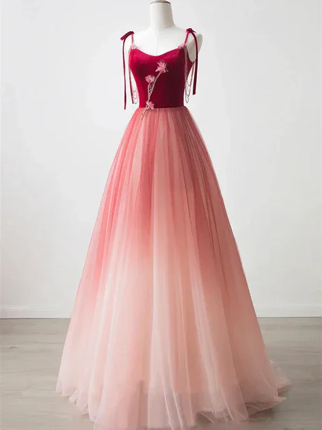 Unique Ombre Red Tulle Applique A Line Evening Dress Formal Prom Dress cc2194