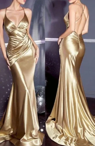 Sexy Spaghetti Straps Mermaid  Gold Long Evening Prom Dress cc2138