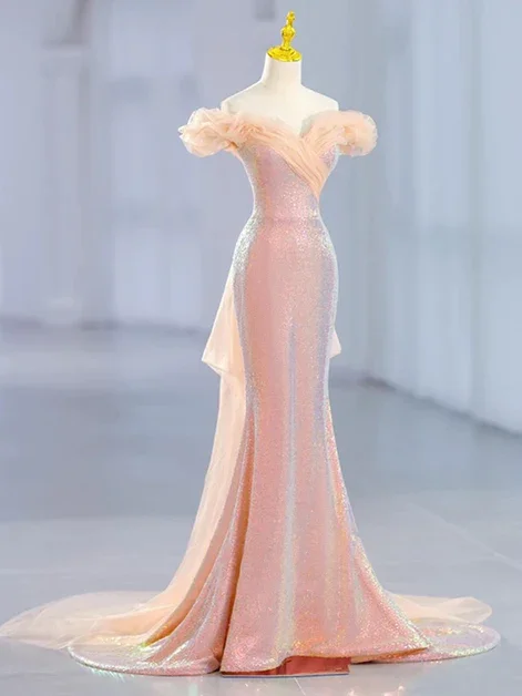 Classy Pink Sequins Off Shoulder Mermaid Party Dress Long Prom Evening Gown cc2190